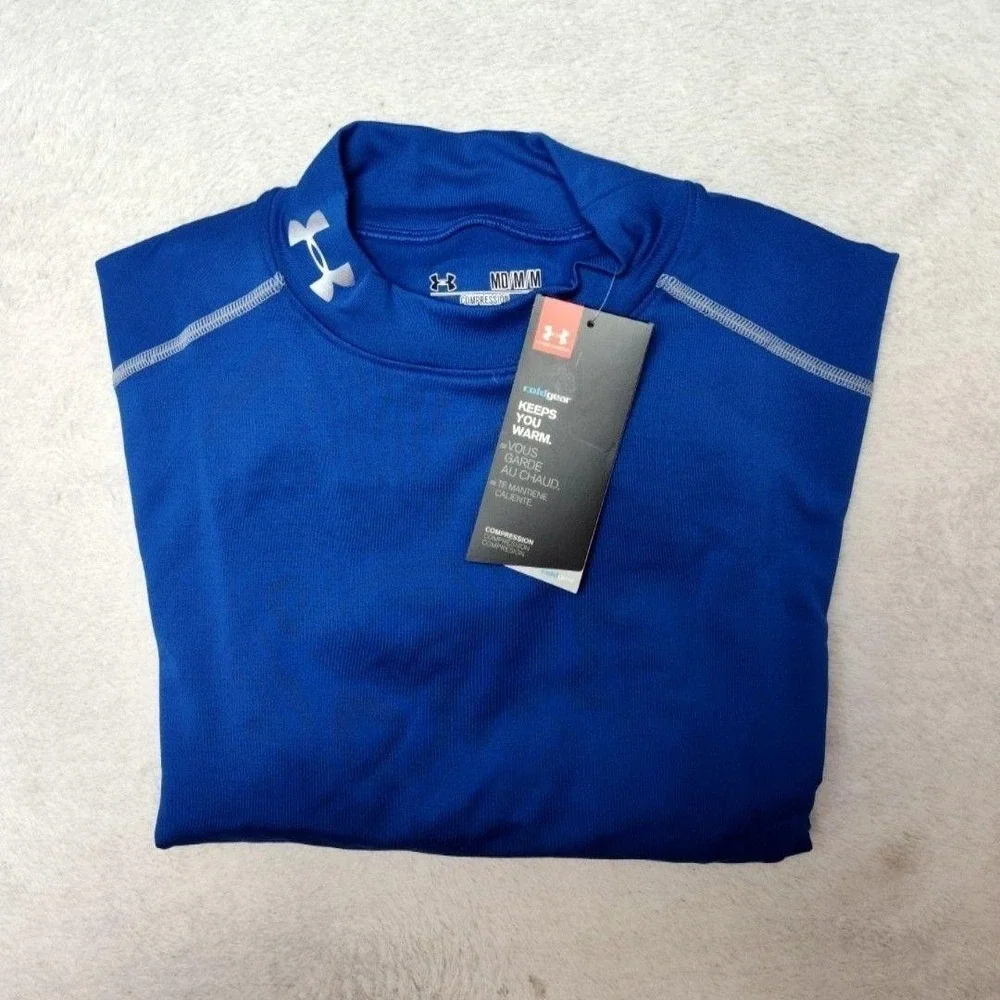 Under Armour Shirt Mens M Blue ColdGear Compression‎ Mock Base Layer Tagless